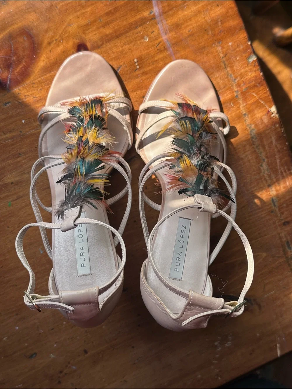 Pura Lopez Nude Strappy Sandals with Multicolor Eye-catching Feather Trim